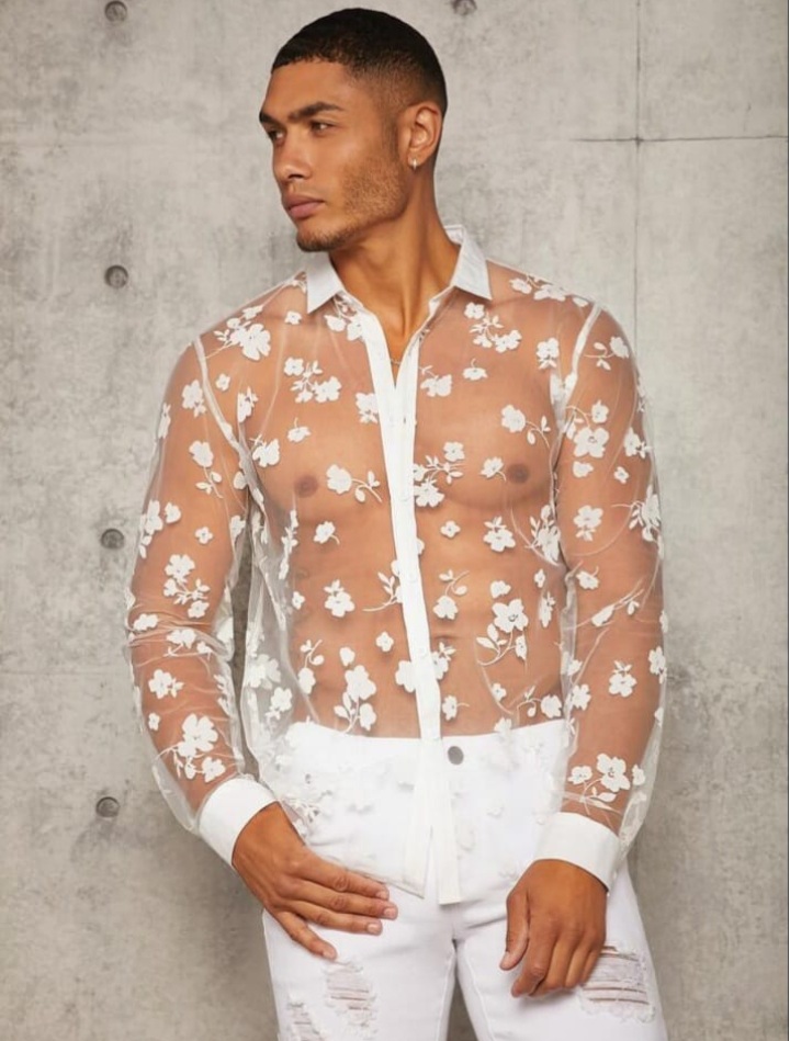 Men's Floral Print See Through Long Sleeve Button Up Plain Shirt